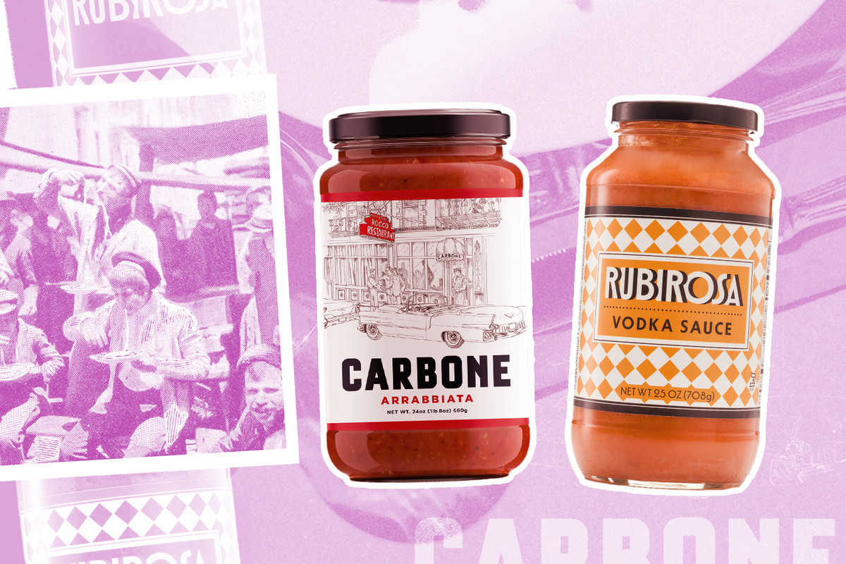 A photo-collage showing a jar of Carbone Arrabiata sauce and Rubirosa vodka sauce and a vintage photo of people eating pasta.