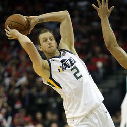 Utah Jazz forward Joe Ingles (2) looks to make a pass during Game 5 of the NBA playoffs against the Houston Rockets at the Toyota Center in Houston on Tuesday, May 8, 2018. The Jazz lost 102-112.