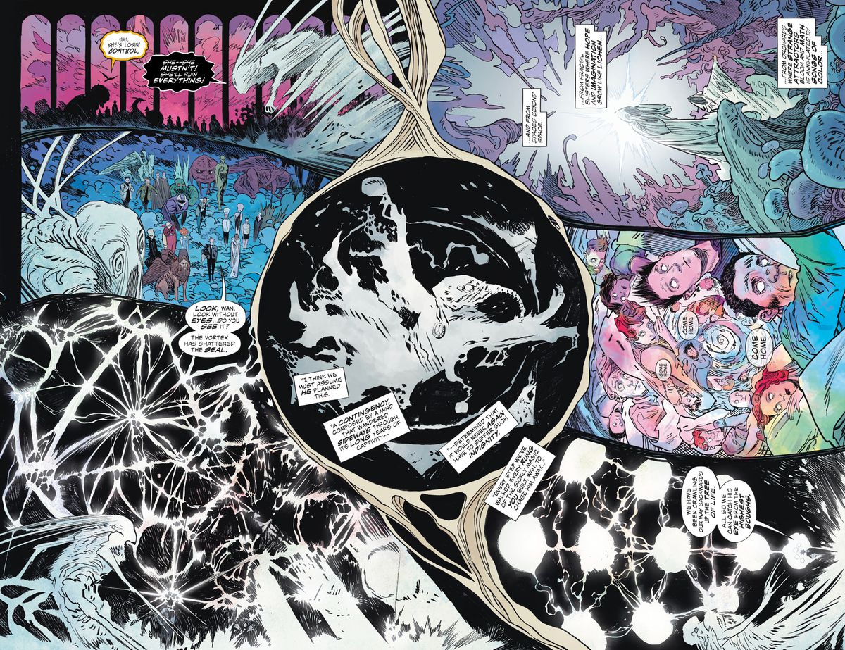 The Dreamlord’s resurrection plan comes into focus, in a series of panels that gradually rotate so that you’d have to turn the comic 90 degrees to the right to read them, in The Dreaming #20, DC Comics (2020). 