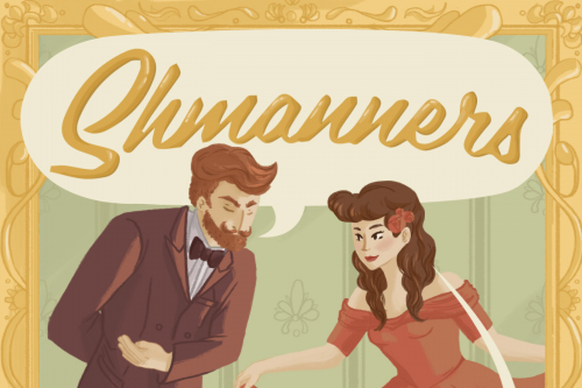 An illustration of Travis and Teresa Mcelroy with a mint green baroque wallpaper background and an ornate gold frame. Travis is wearing a brown suit and bowing to Teresa. Teresa is wearing a red dress with three red flowers in her hair and curtsying to Travis. Travis has a speech bubble above him that says “Shmanners” and Teresa has a speech bubble below her that says “Extraordinary etiquette for ordinary occasions”.