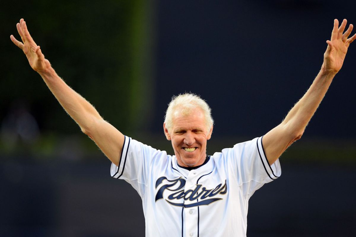 July 7, 2012; San Diego, CA, USA; Hall of Game NBA player Bill Walton reacts after throwing out the first pitch prior to the San Diego Padres game against Cincinnati Reds at Petco Park.  Mandatory Credit: Christopher Hanewinckel-US PRESSWIRE