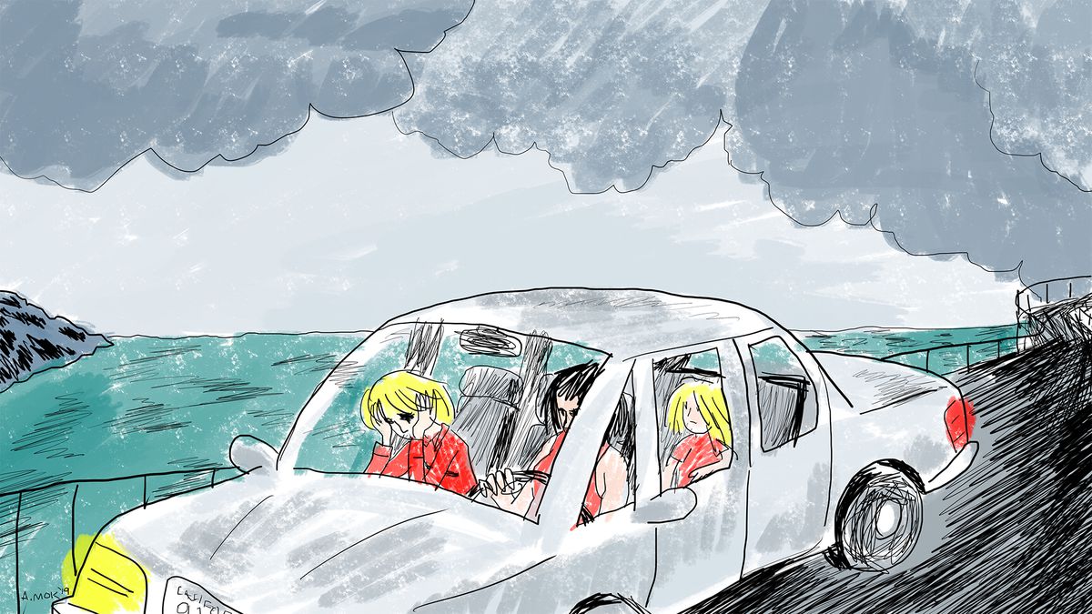Illustration of a family in a car driving on a road near the sea on a cloudy day.