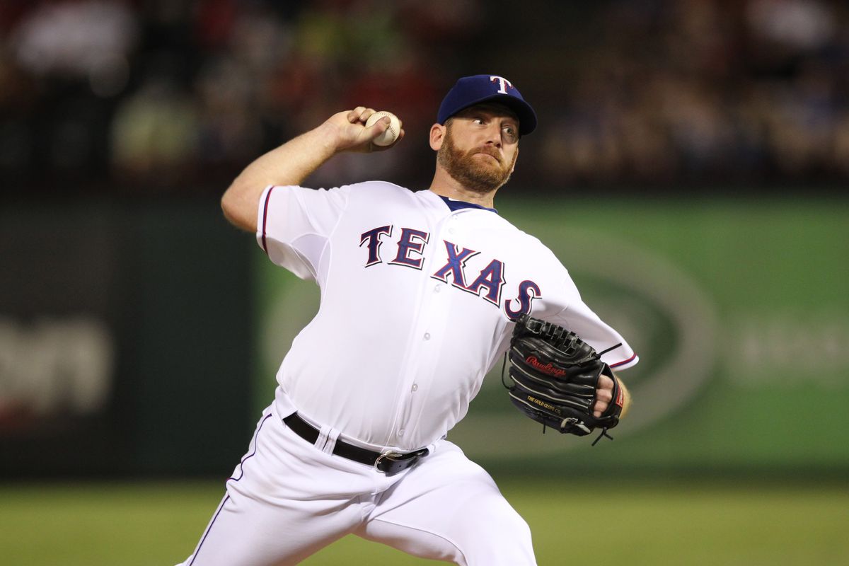 Aug 20, 2012; Arlington, TX, USA; Texas Rangers starting pitcher Ryan Dempster (46) pitches in the eighth inning against the Baltimore Orioles at Rangers Ballpark. The Rangers beat the Orioles 5-1. Mandatory Credit: Matthew Emmons-US PRESSWIRE