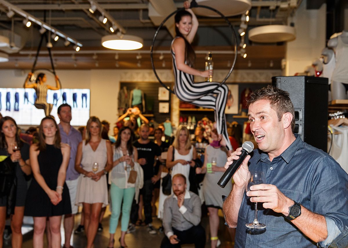 Lululemon ex-CEO Laurent Potdevin speaks to an audience at a store opening party in Vancouver in 2014.