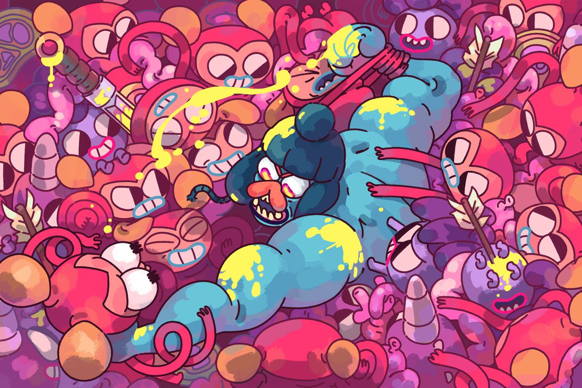 An illustration of Grindstone’s Jorj the viking being overwhelmed by a mob of brightly colored monsters, clinging to his arms as he tries to escape.