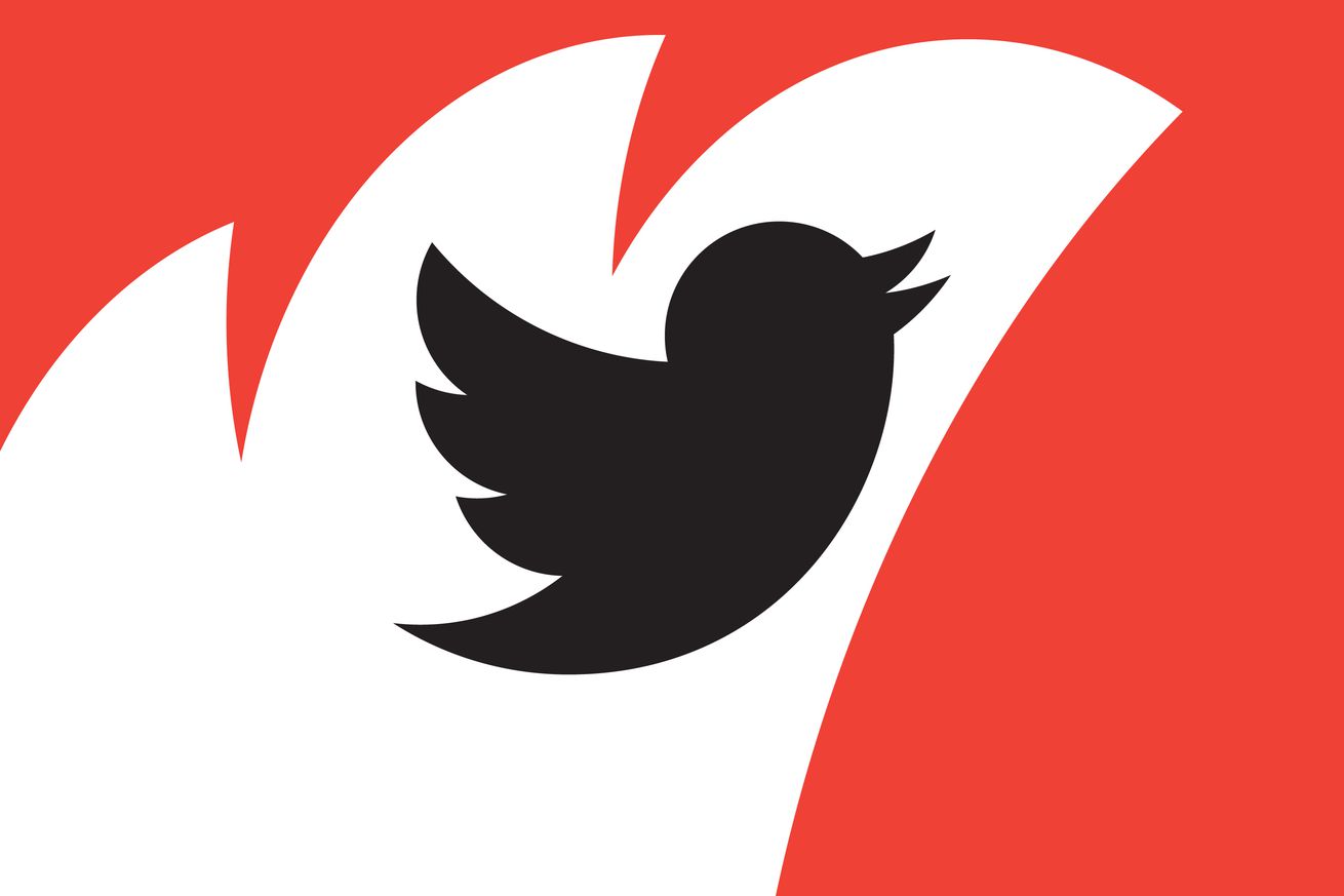 Illustration of a black Twitter bird in front of a red and white background.