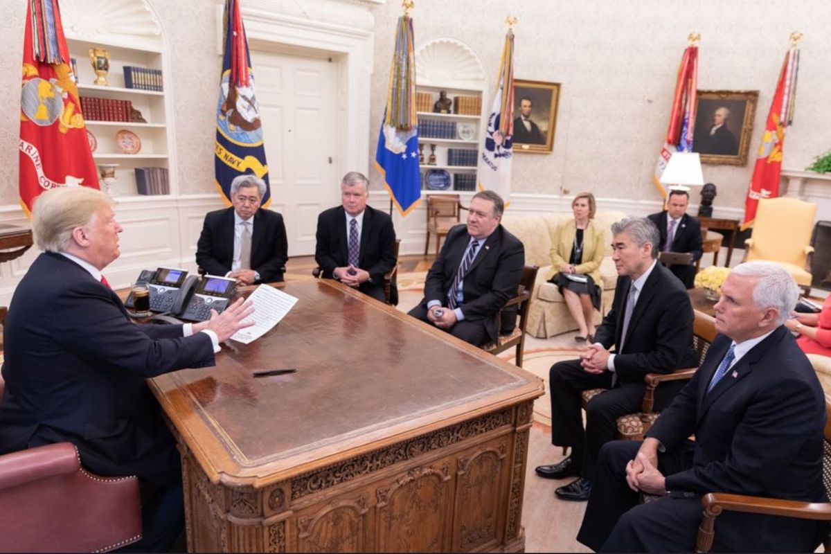 President Donald Trump discusses the state of North Korea diplomacy with Secretary of State Mike Pompeo and others at the White House on April 24, 2018.