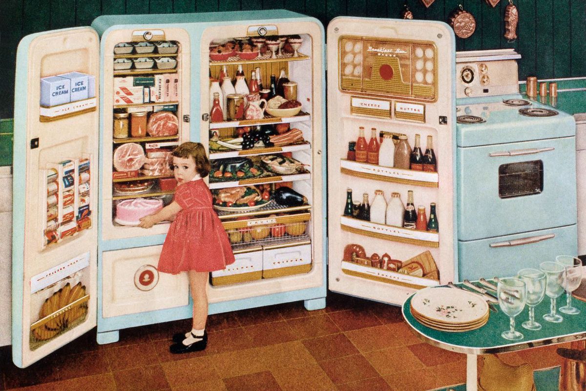 Illustration featuring a small girl in front of a full fridge. 