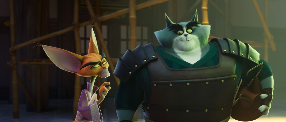 Two cartoon cats sneer and conspire in Paws of Fury: The Legend of Hank