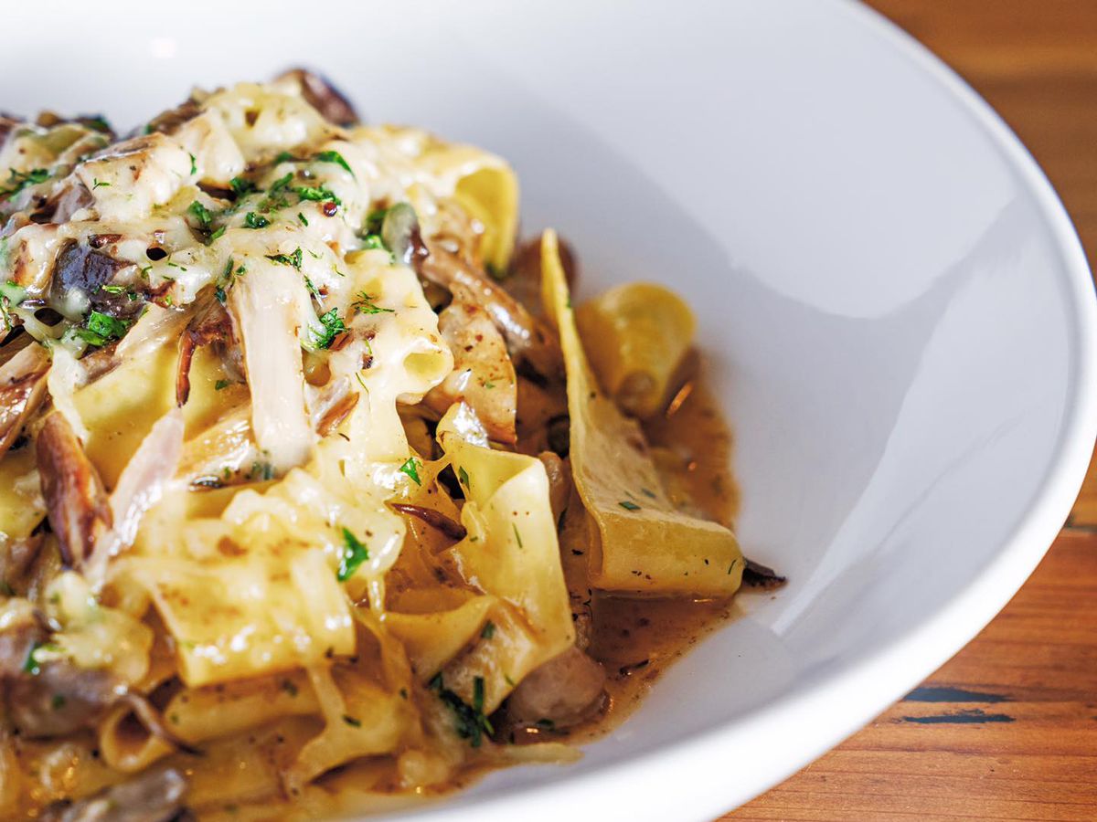 Pappardelle pasta with chicken, mushrooms, and truffle cheese fondue
