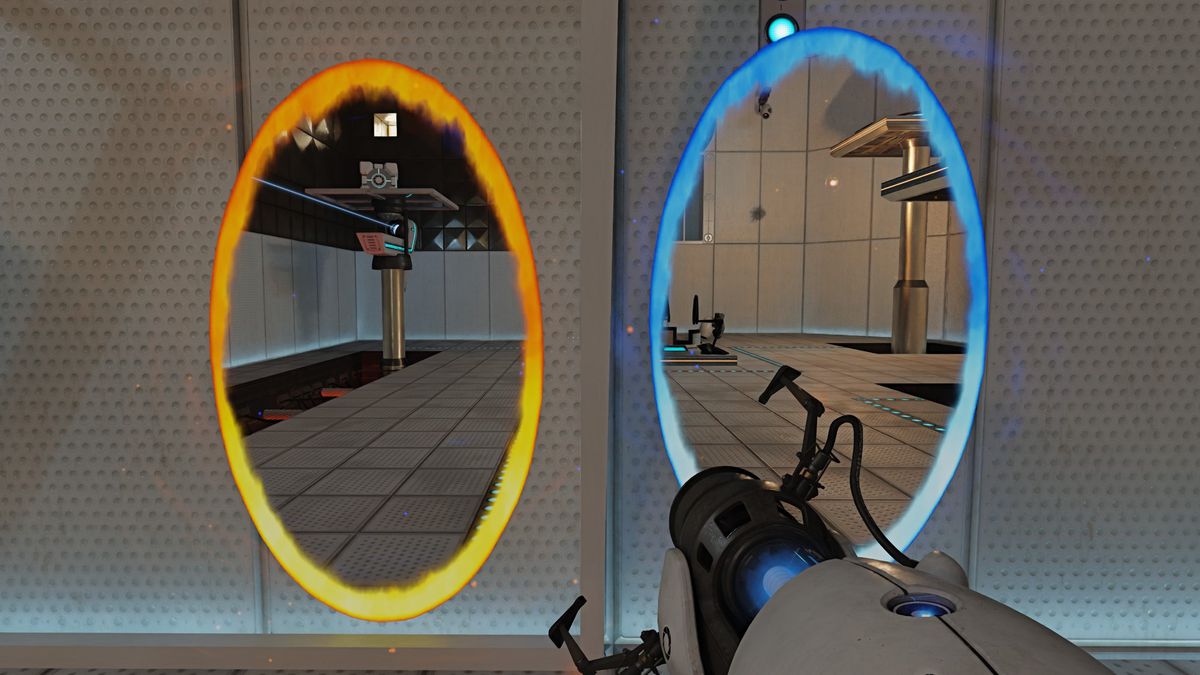 The player faces two portals, side by side, in a wall in Portal. The RTX update has made the surface of the wall look dirty and grimy.