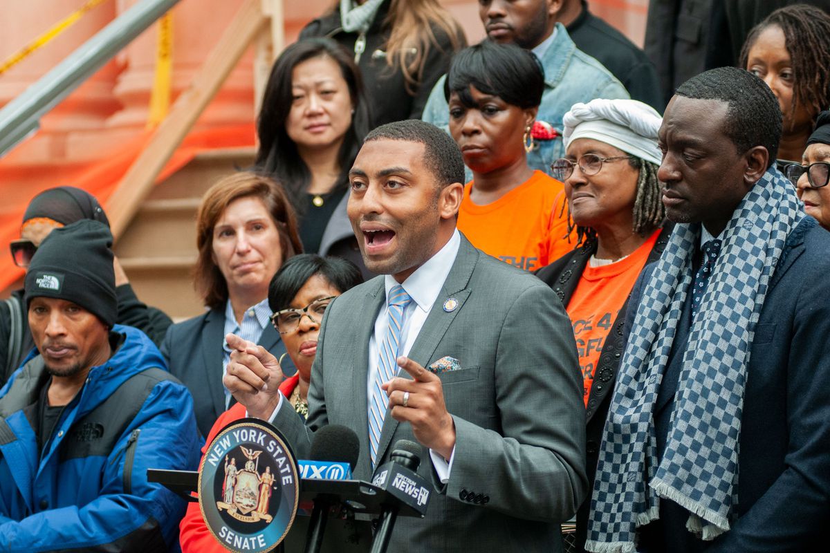 State Senator Jamaal Bailey (D-Bronx) speaks in support of a group of criminal justice reform bills during a rally at City Hall, Oct. 30, 2019.