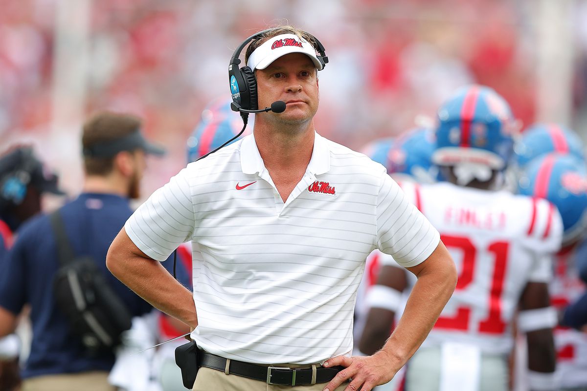 Head coach Lane Kiffin of the Mississippi Rebels looks on against the Alabama Crimson Tide during the first half at Bryant-Denny Stadium on October 02, 2021 in Tuscaloosa, Alabama.