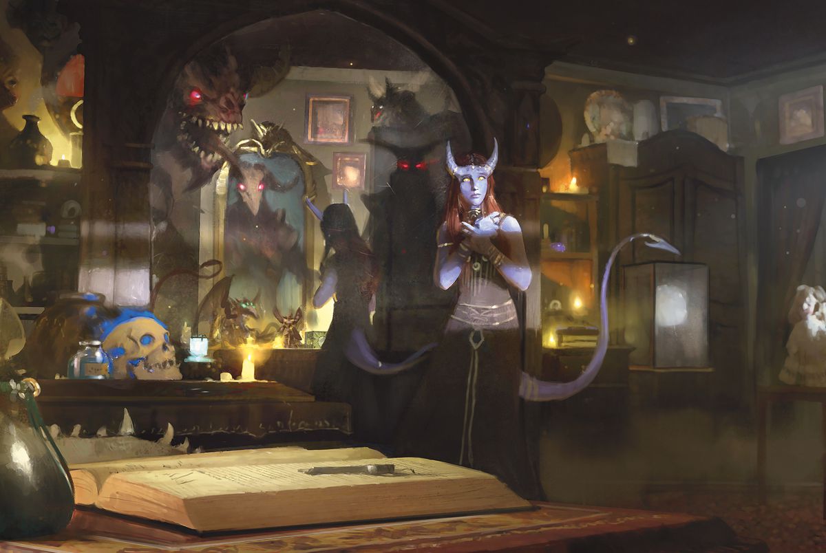 A player character stands in a room filled with magical curious, a spirit haunting them in the mirror.