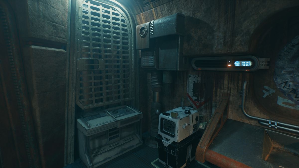 Closeup on a corner of the public restroom in Star Wars Jedi: Survivor, where ventilation machinery lies and what might be a service droid/trash can, I cannot tell. 