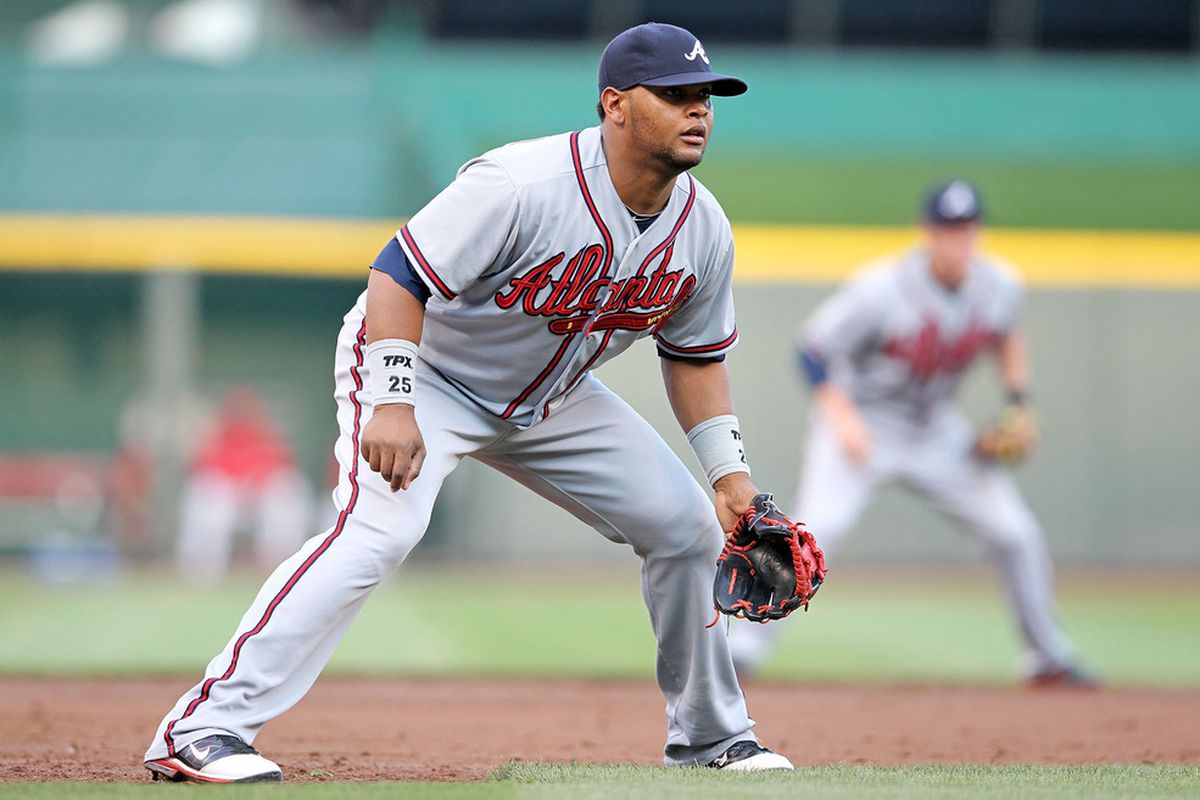 CINCINNATI, OH - MAY 23:  Juan Francisco #25 of the Atlanta Braves plays third base during the game against the Cincinnati Reds at Great American Ball Park on May 23, 2012 in Cincinnati, Ohio.  (Photo by Andy Lyons/Getty Images)