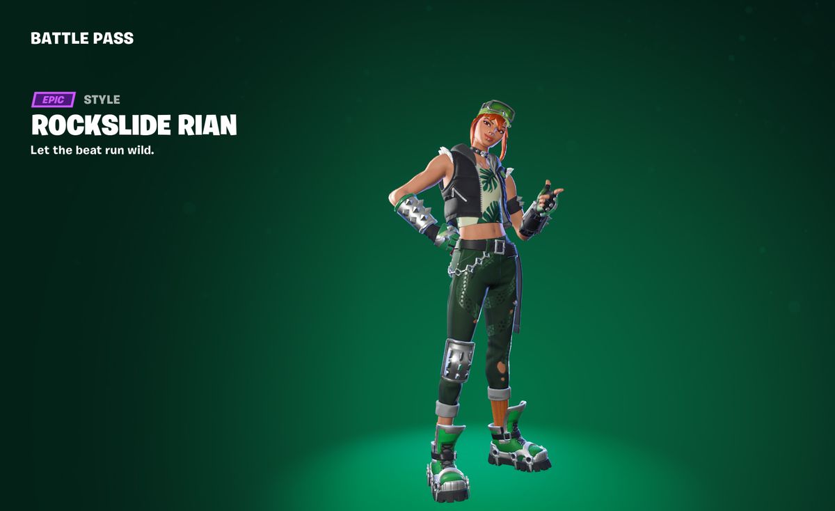 Rockslide Rian, which gives RIan a more outdoorsy green nature themed outfit in Fortnite
