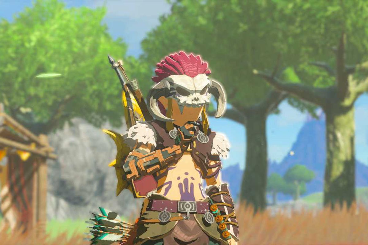 Link appears in a thinking stance while wearing the Barbarian Armor in Zelda: Tears of the Kingdom