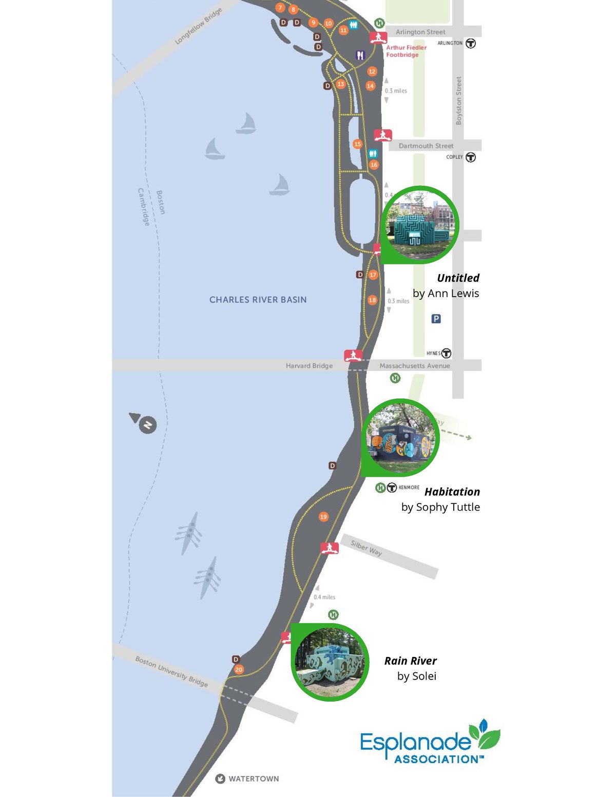 A map of the new murals on the Charles River Esplanade.