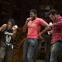 "Hamilton" cast members Elijah Malcomb who plays John Laurens/Philip Hamilton, left, Kyle Scatliffe who plays Thomas Jefferson/Marquis de Lafeyette, and Fergie Philippe who plays Hercules Mulligan/James Madison speak to high school students at the Eccles Theater in Salt Lake City on Friday, May 4, 2018.