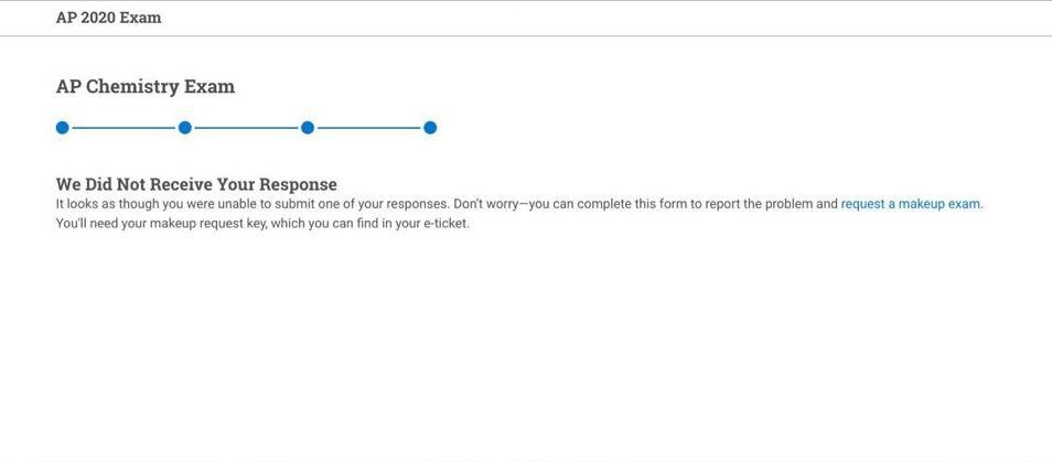 A screenshot of the AP test portal informing a student that they were not able to submit their response.