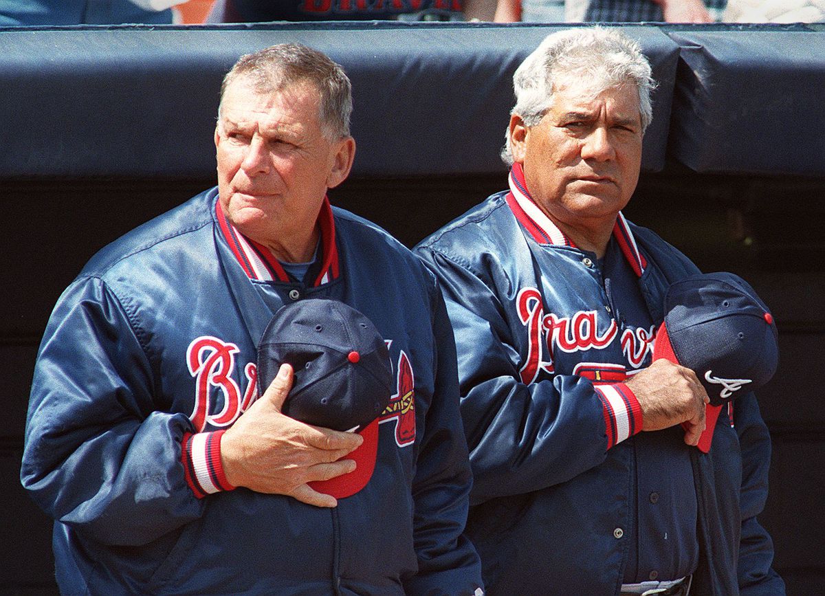 Atlanta Braves manager Bobby Cox (L) and coach Pat