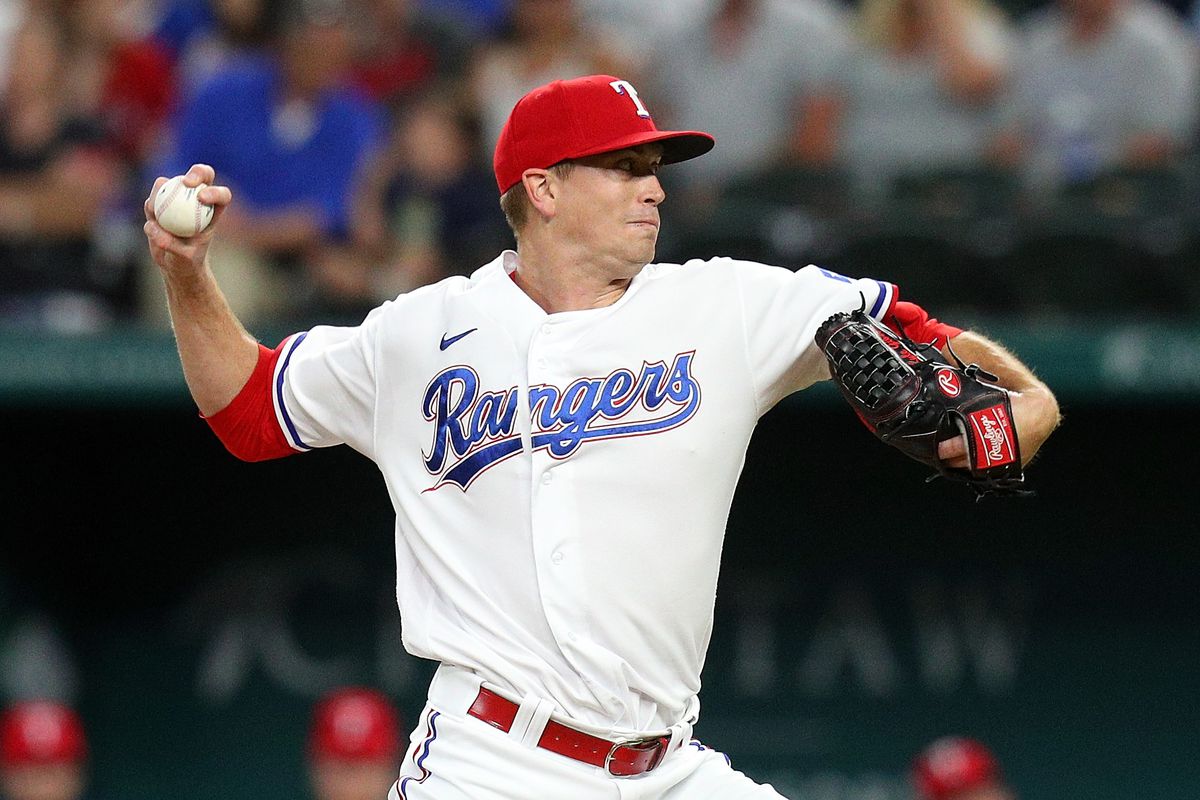 Kyle Gibson #44 of the Texas Rangers pitches in the first inning against the Oakland Athletics at Globe Life Field on June 21, 2021 in Arlington, Texas.