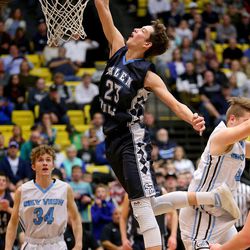 Salem Hills' Cole Griffin dunks the ball during the 4A semifinal boys basketball game against Sky View at the UCCU Center in Orem on Friday, March 2, 2018. Salem Hills won 70-60.