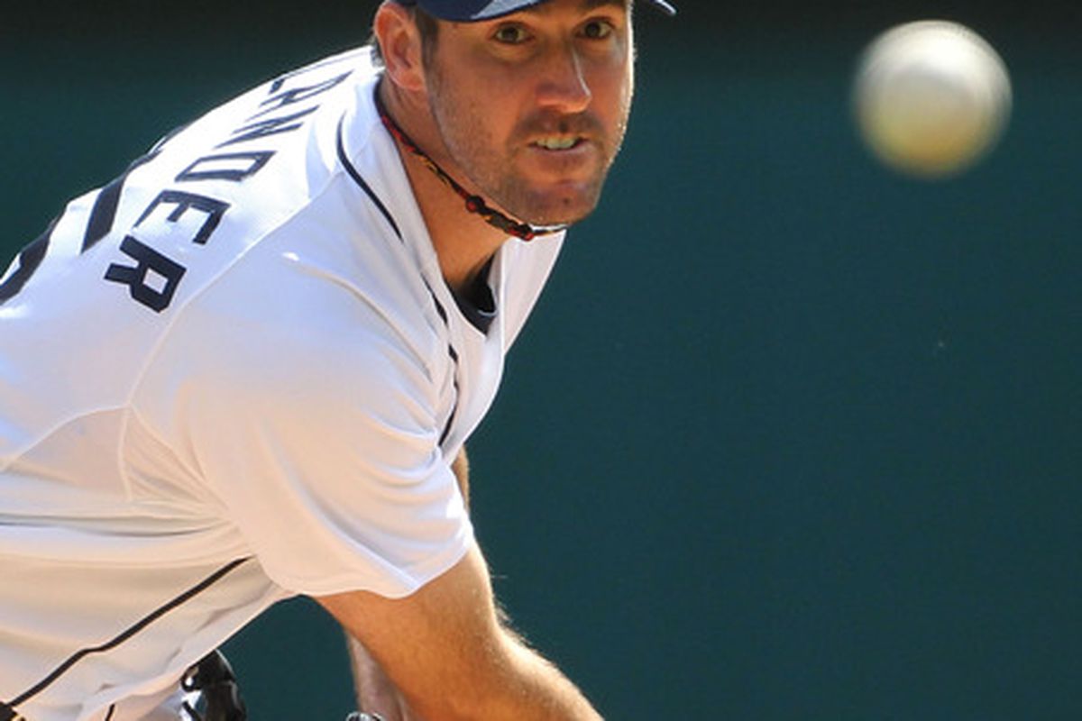DETROIT, MI - APRIL 11: Justin Verlander #35 of the Detroit Tigers pitches in the fourth inning during the game against the Tampa Bay Rays at Comerica Park on April 11, 2012 in Detroit, Michigan.  (Photo by Leon Halip/Getty Images)