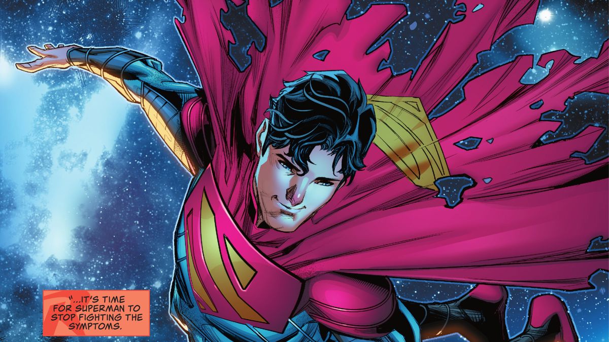With a tattered cape, Jon Kent/Superman floats in space in Superman: Son of Kal-El #1 (2021)). 
