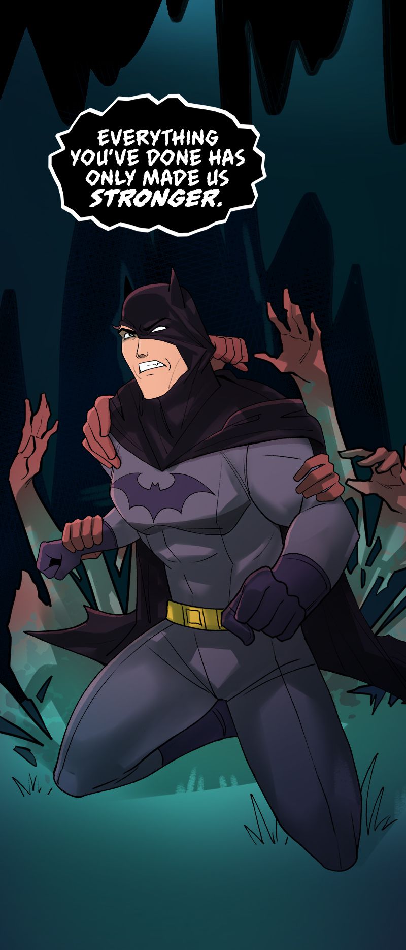 Batman struggles with disembodied hands that pull at his costume and cowl in Batman: Wayne Family Adventures.