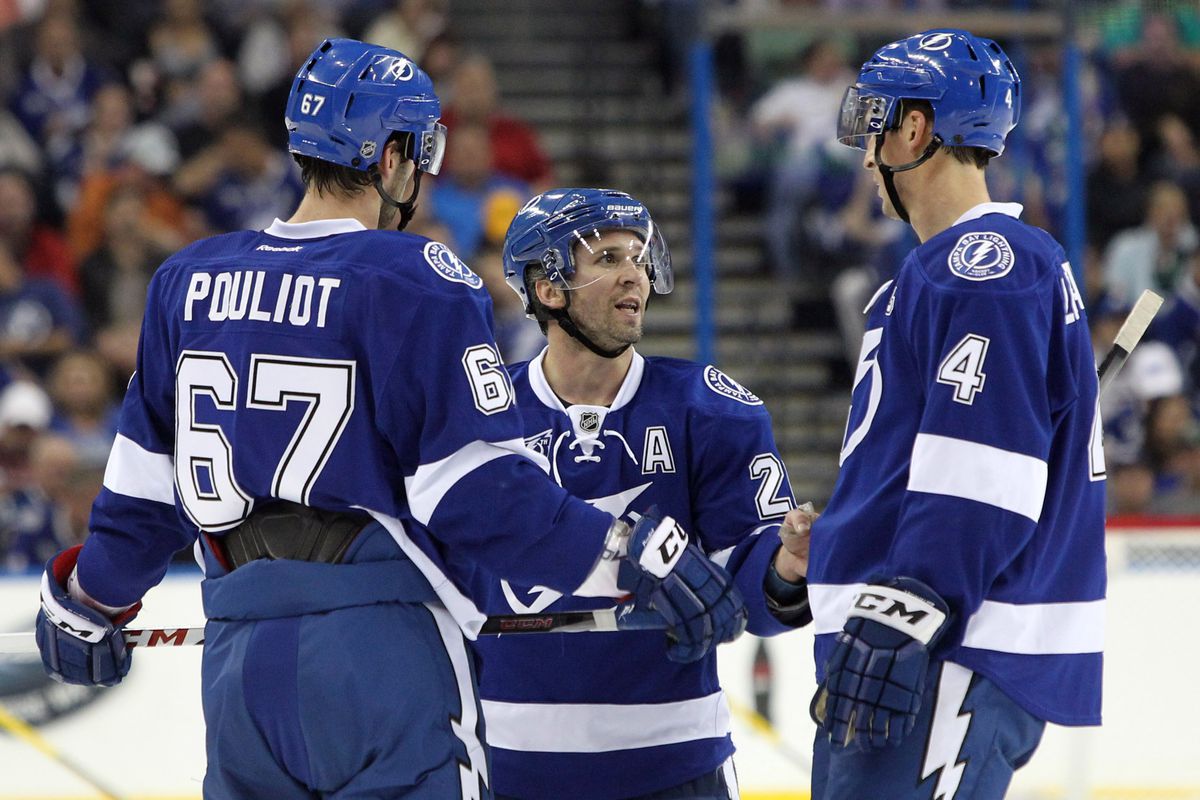 Vincent Lecavalier (right) and Martin St. Louis (center) are rounded out by goal contributions from the likes of Benoit Pouliot (left) as well as others.