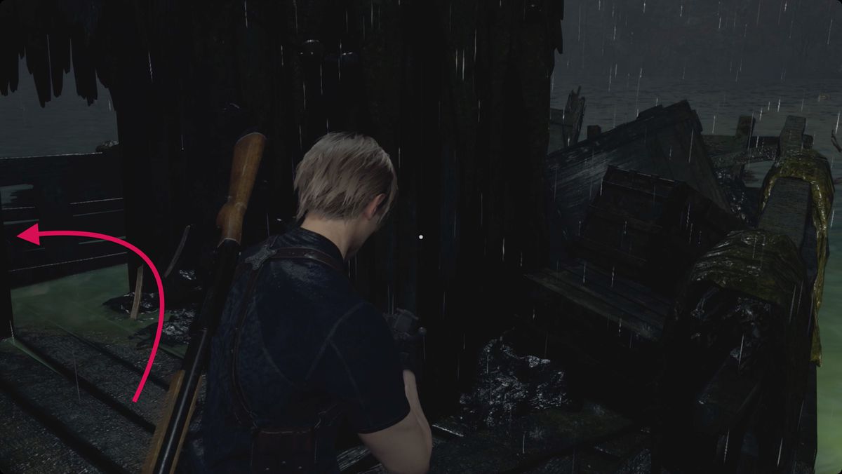 Resident Evil 4&nbsp;remake&nbsp;Leon on the shipwreck in the Lake during Chapter 4. There’s an arrow pointing to where you’ll find the Red9 handgun.
