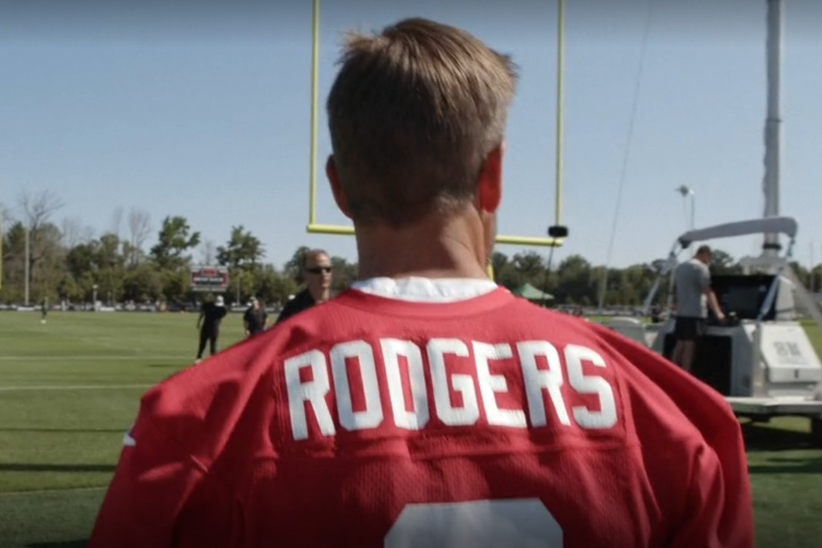 Aaron Rodgers in his 2023 Jets training camp jersey in HBO’s Hard Knocks