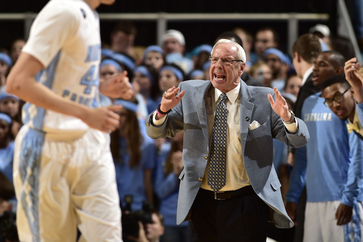 Feb 24, 2015; Chapel Hill, NC, USA; North Carolina Tar Heels head coach Roy Williams reacts in the first half at Dean E. Smith Center.
