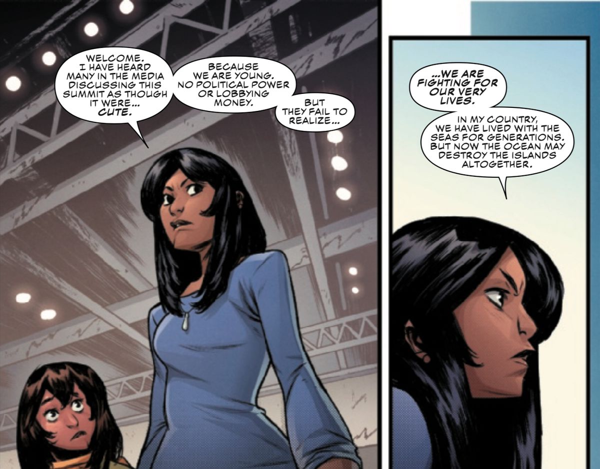 Young activists Ailana Kabua speaks on how teenage climate activists are dismissed, while Kamala Khan/Ms. Marvel watches, in Outlawed #1, Marvel Comics (2020). 