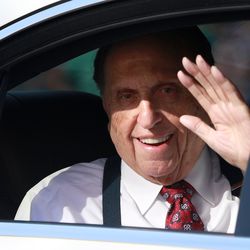 President Thomas S. Monson rides in the Days of 47 Parade in Salt Lake City on Thursday, July 24, 2014.