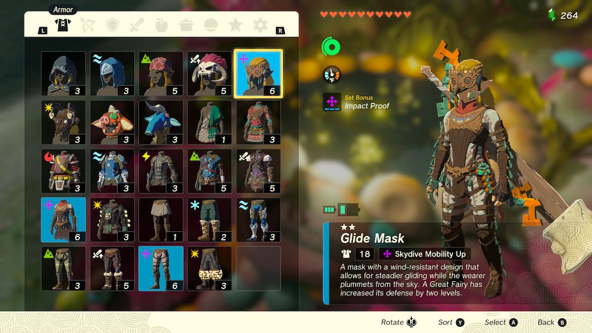 A screenshot of the armor menu, highlighting the Glide Mask with the Impact Proof set bonus for wearing the whole set in Zelda: Tears of the Kingdom