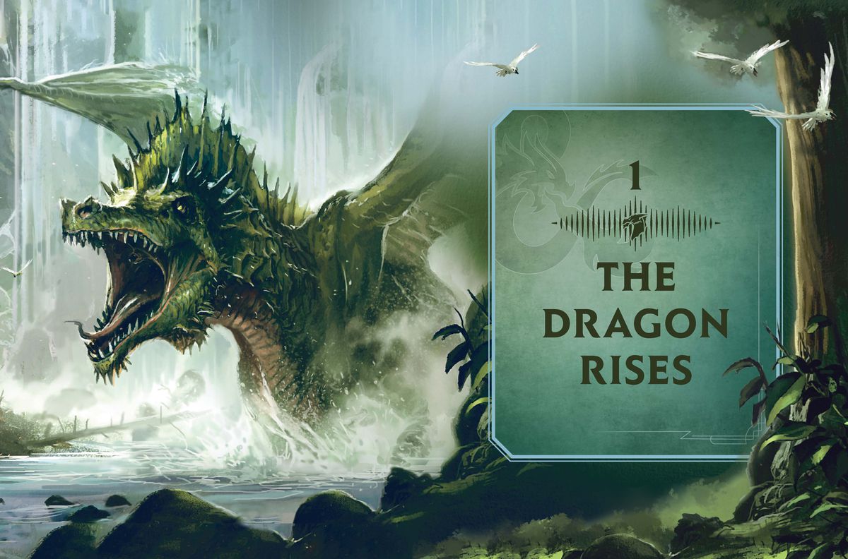 A chapter title page for Lore &amp; Legends, chapter 1 the dragon rises, showing a raging green dragon beneath a waterfall.