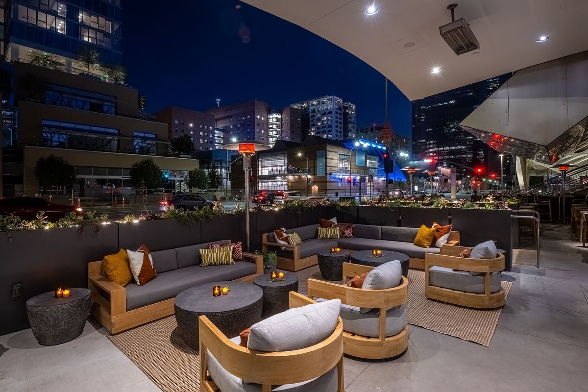 Outdoor lounge at Asterid restaurant in Los Angeles.