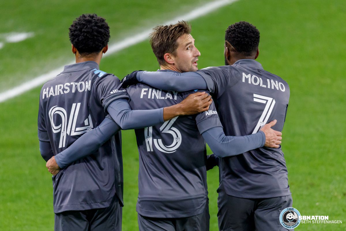 October 28, 2020 - Saint Paul, Minnesota, United States - Minnesota United midfielder Ethan Finlay (13) celebrates with teammates after crossing the ball that lead to an own goal for Minnesota United against the Colorado Rapids at Allianz Field. 