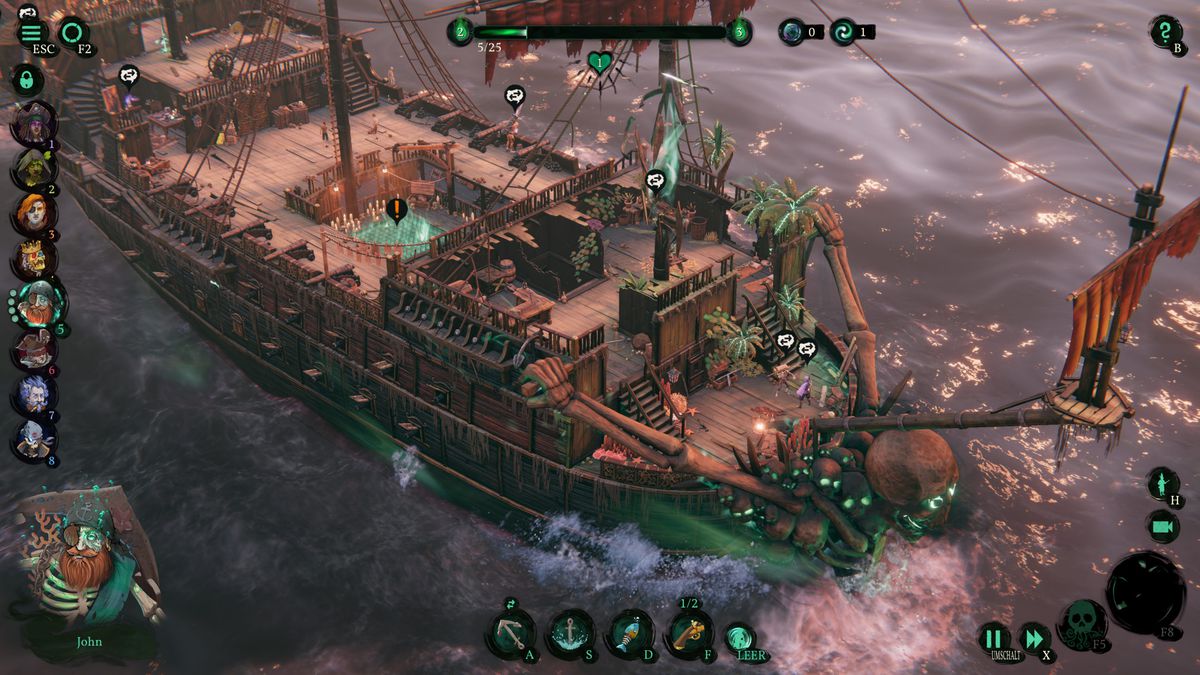 A screenshot from Shadow Gambit: The Cursed Crew showing an overview of the Red Marley, your base of operations.