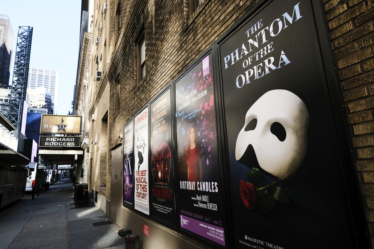 Broadway posters hang outside the Richard Rodgers Theatre during Covid-19 lockdown in New York on May 13, 2020.