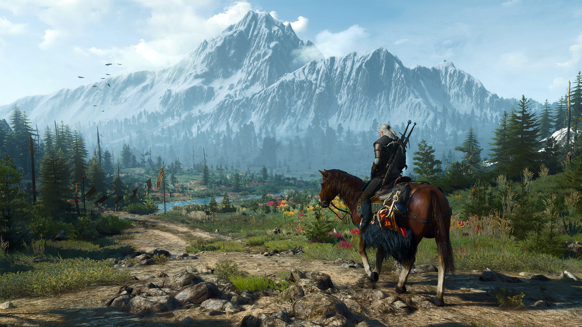 Geralt of Rivia, on his horse Roach, surveys the wilderness of The Continent in The Witcher 3: Wild Hunt’s next-gen upgrade