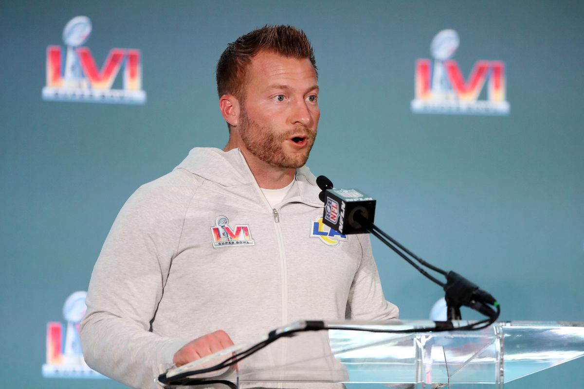Head coach Sean McVay of the Los Angeles Rams speaks to media during the Super Bowl LVI head coach and MVP press conference at Los Angeles Convention Center on February 14, 2022 in Los Angeles, California.