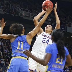 The UCLA Bruins take on the UConn Huskies in the NCAA Women’s Basketball Tournament Sweet 16 at Times Union Center in Albany, NY on March 29, 2019.