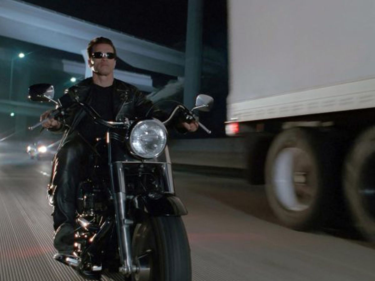 Arnold Schwarzenegger rides his motorcycle down Terminal Island freeway in “Terminator 2.”