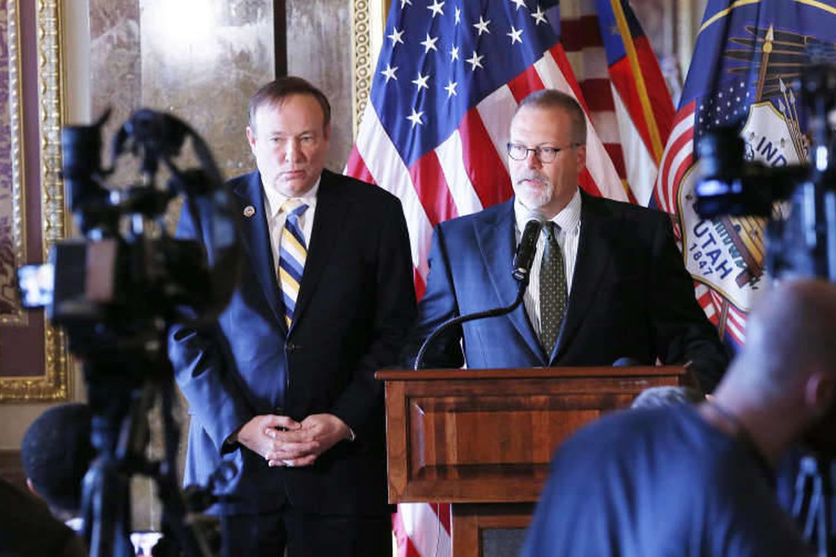 Sen. Jim Dabakis and Sen. Stephen Urquhart at a press conference at the Utah State Capitol in Salt Lake City  Tuesday, Jan. 27, 2015. Dabakis and Urquhart are two members of a bipartisan working group talking through areas where nondiscrimination law and 
