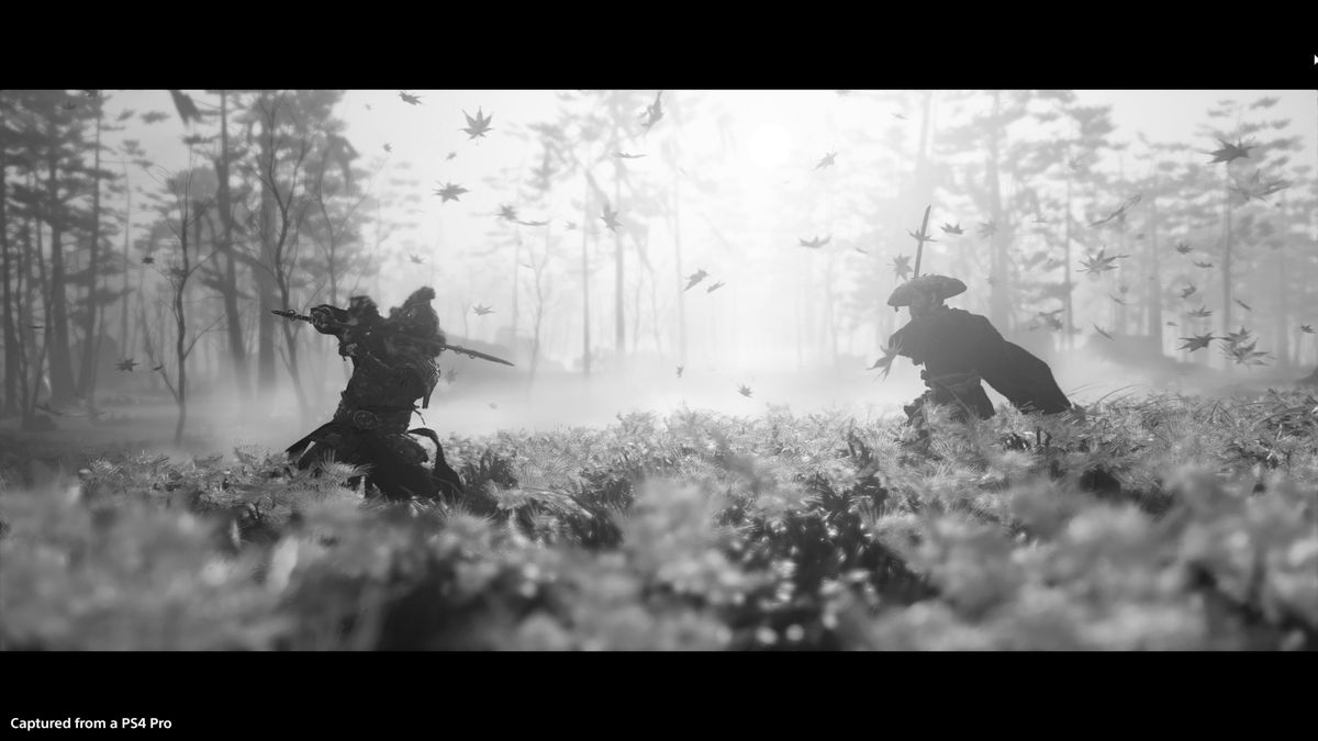 Two samurai fight in black and white in Ghost of Tsushima