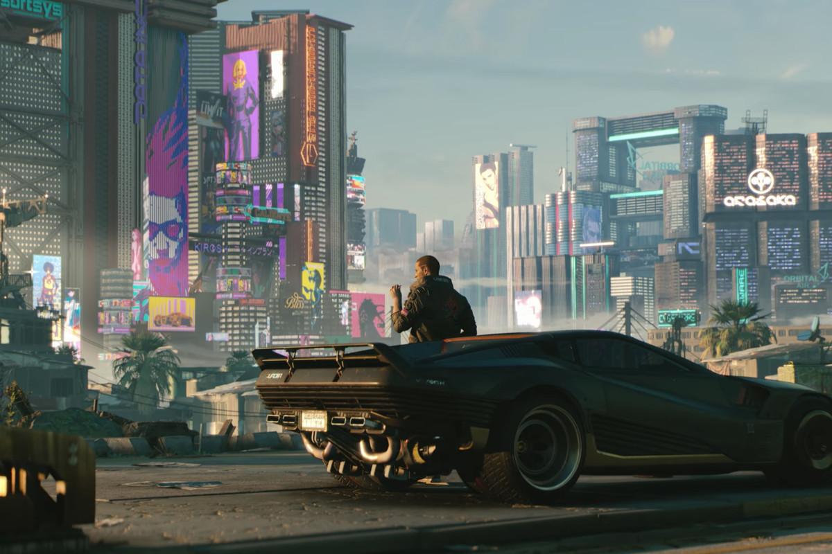 Cyberpunk 2077 - man standing by sports car